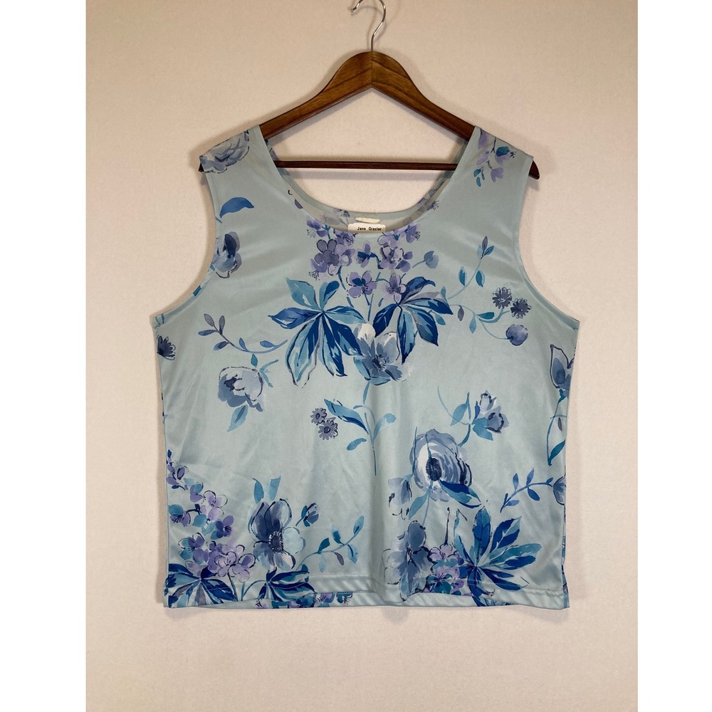 Cottagecore Jane Grazier Women XL Blue Floral Silky Scoop Neck Tank Top‎